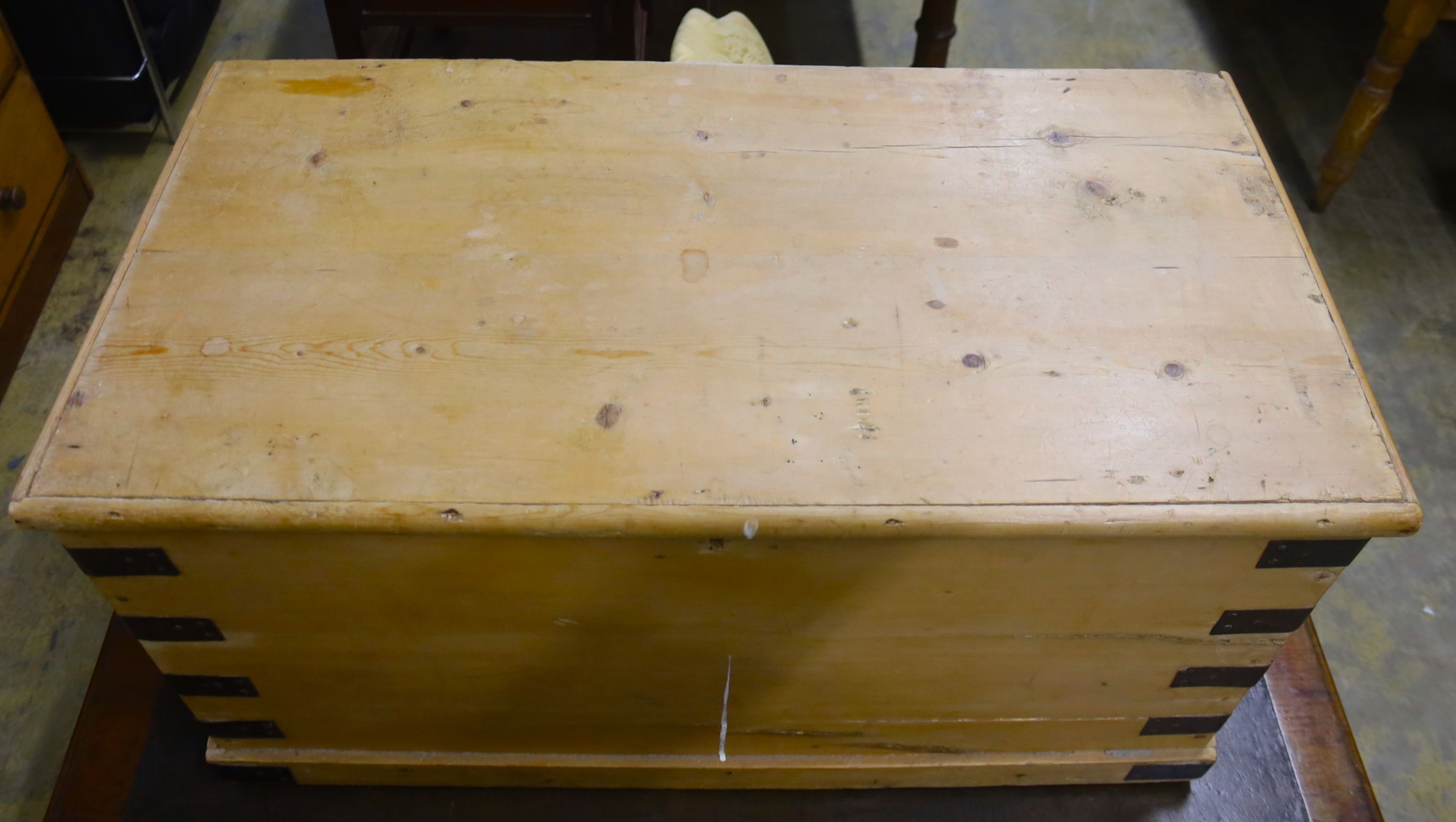 A Victorian pine trunk, width 89cm, depth 46cm, height 48cm